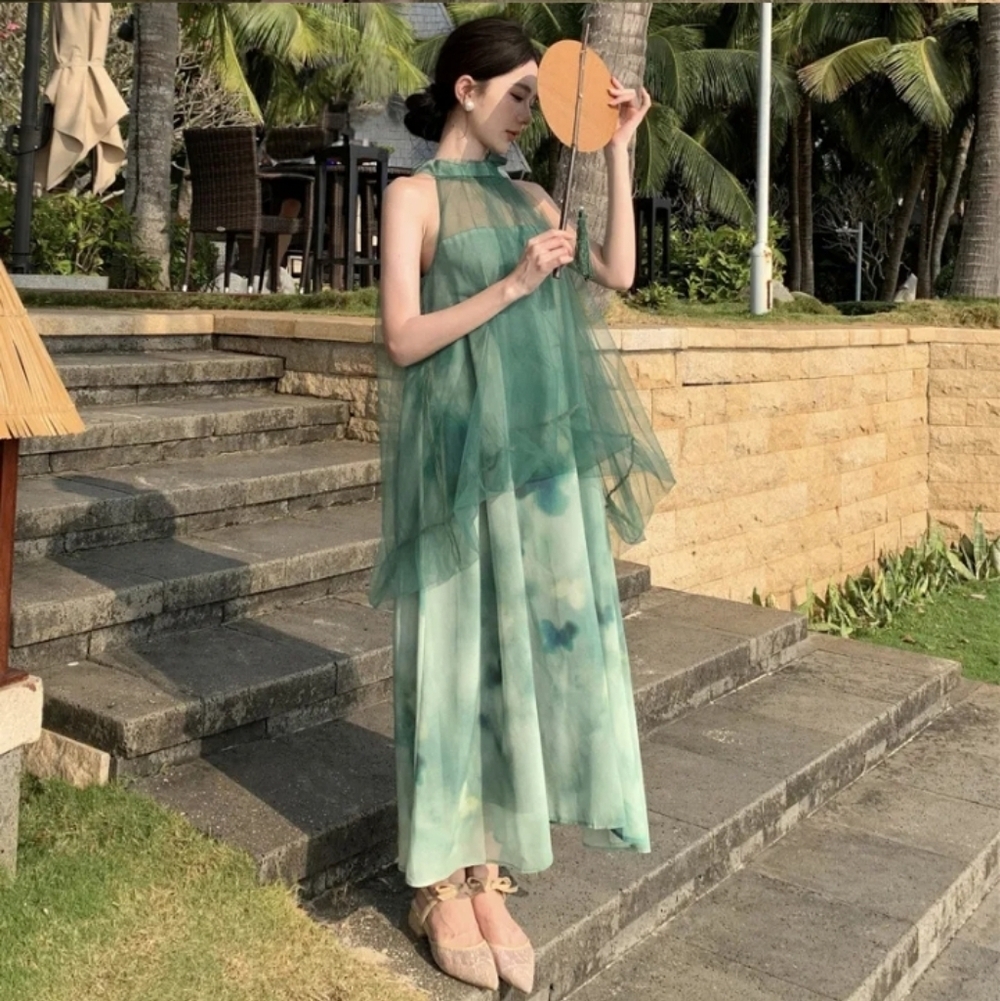 Fashion Style Sleeveless Green Mock 2 Pc Maxi Dress, Sz L, 21" PtP, Butterfly